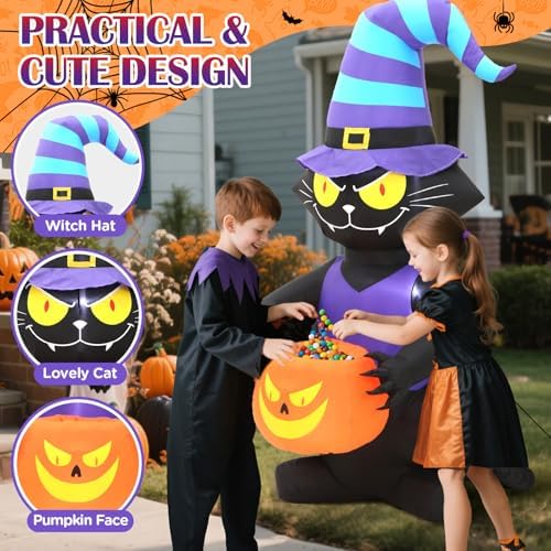 6ft halloween inflatable black cat, lighted yard decoration showing dimensions