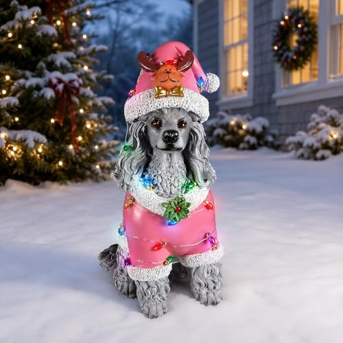 lighted christmas poodle statue, pink outfit, close-up detail