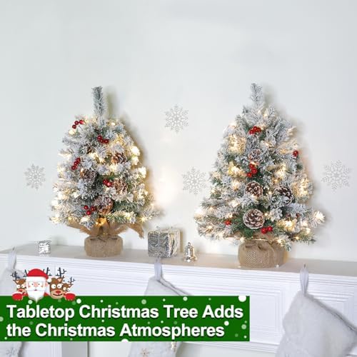 24"/2ft thick snow flocked tabletop christmas tree battery, front angle view