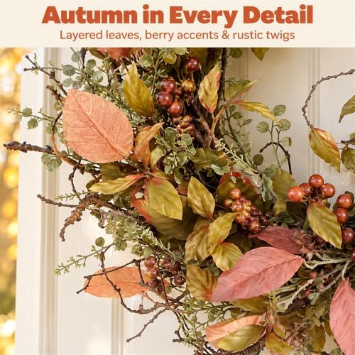26 inch fall wreath for front door artificial, close-up detail