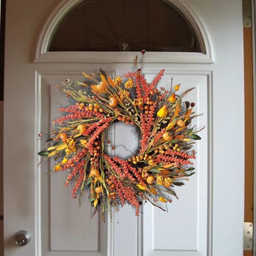 wanna-cul 24in fall harvest wreath for front door on a desk or shelf
