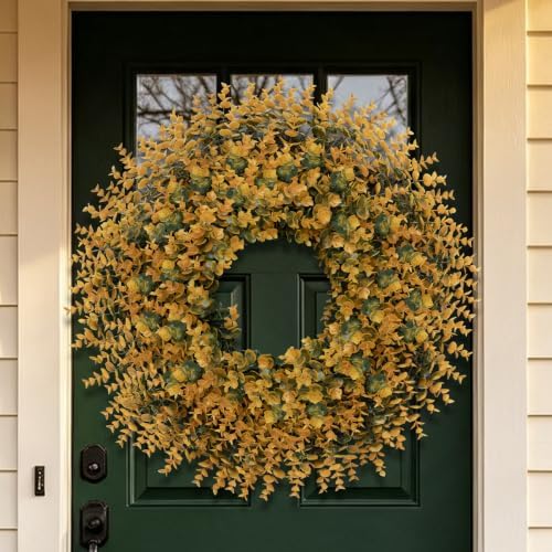 26" artificial fall boxwood wreath for front door showing dimensions