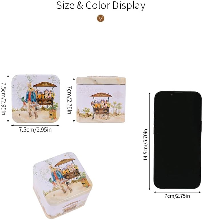Easter Rabbit Square Metal Storage Tin (Style D) - 2.95" Vintage Bunny & Flower Treat Box, Decorative Small Tinplate Organizer for Candies, Jewelry, Reusable Holiday Keepsake Container & Party Favors