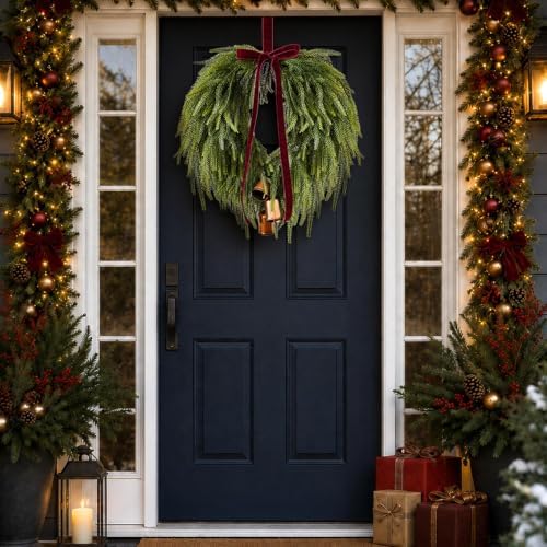 24” christmas wreaths for front door, norfolk pine, close-up detail