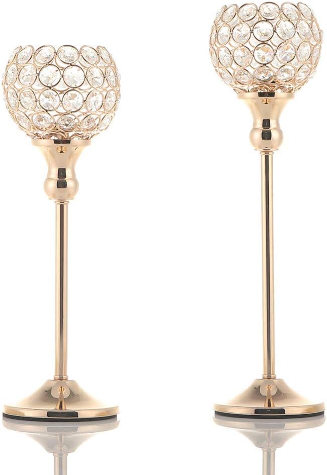 Gold Crystal Candle Holders Set of 2,Pillar Candlesticks for Table Centerpieces, Valentine's Day Home Decor Wedding Party Housewarming Gift
