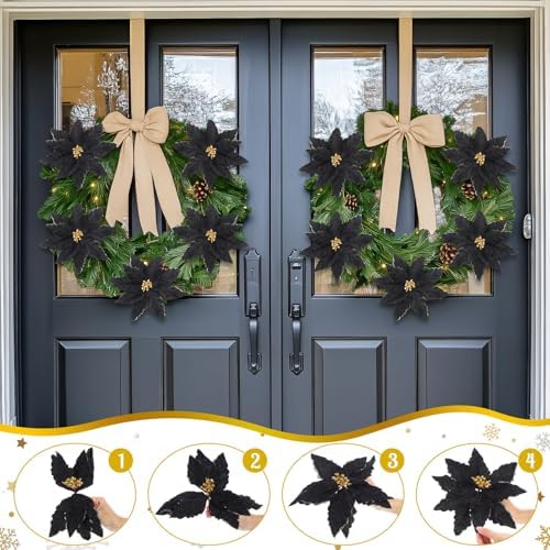 thiccywoov 16 pcs 9.8" black poinsettia christmas ornaments, side view