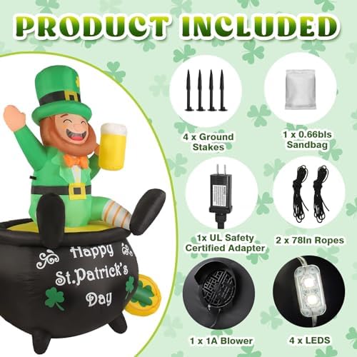 6ft st patrick's day inflatables with led lights, side view