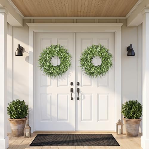 26 inch faux boxwood wreath for front door on a desk or shelf