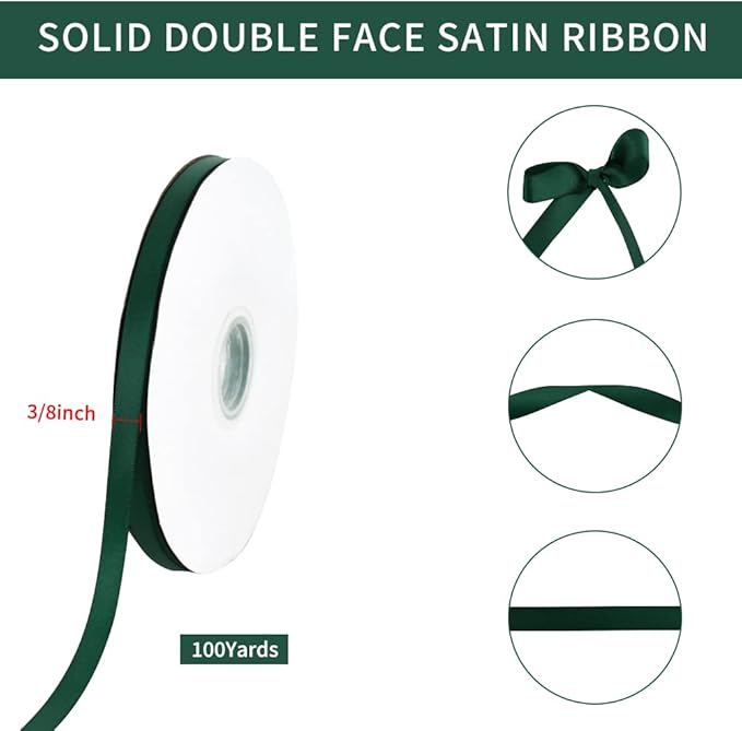TONIFUL 3/8 Inch x 100yds Christmas Green Satin Ribbon Thin Solid Fabric Ribbons Roll for Gift Wrapping Invitation Floral Hair Balloons Craft Sewing Party Wedding Decoration Valentine's Day Bouquet