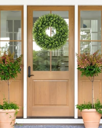 20 inch artificial boxwood wreath for front door shown in use