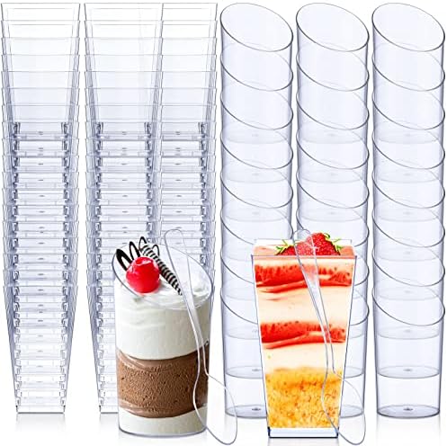 Nuogo 200 Pcs Mini Dessert Cups with Spoons Include 3 oz Square Plastic Appetizer Cups 2.5 oz Slanted Round Parfait Shooter Cup Small Clear Mousse Pudding Cup for Wedding Baby Shower Birthday Party