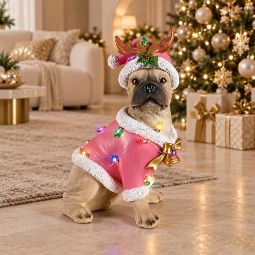 lighted christmas french bulldog statue, pink outfit and, view 9