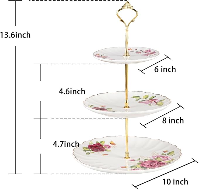 Sweejar 3 Tier Ceramic Cake Stand Wedding, Dessert Cupcake Stand for Tea Party Serving Platter (Rose Flower)