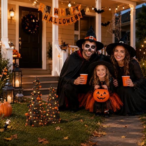 lighted halloween tabletop trees with timer, pumpkin bat on a desk or shelf