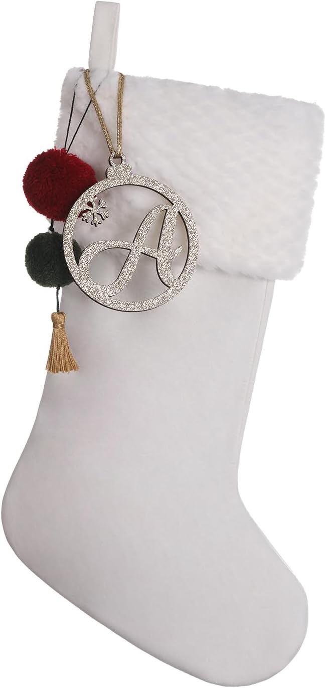 Personalized Gold Wooden Initial Christmas Stocking, 19.5 inches Velvet Christmas Stocking with pom poms,Christmas Decorations for Xmas Fireplace Holiday Party(White A)