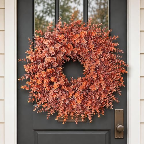 26" artificial fall eucalyptus wreath for front door shown in use