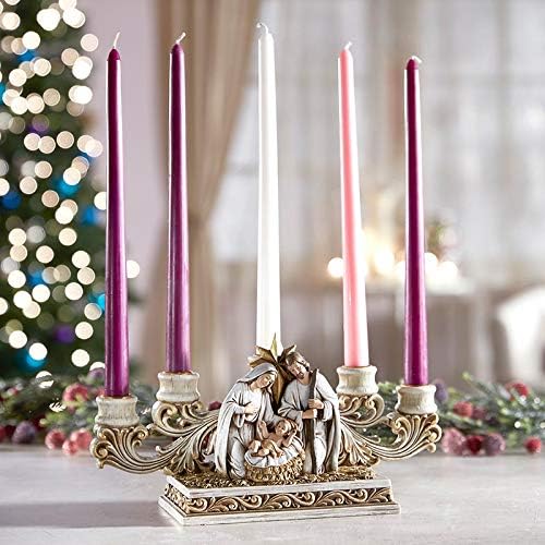 Needzo Advent Candle Holder, Gold Tone Holy Family Nativity Scene Centerpiece, Indoor Christmas Season Decoration, 11 x 6.5 Inches