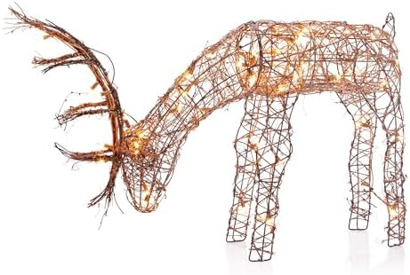 alpine corporation 24" tall outdoor rattan grazing reindeer, close-up detail
