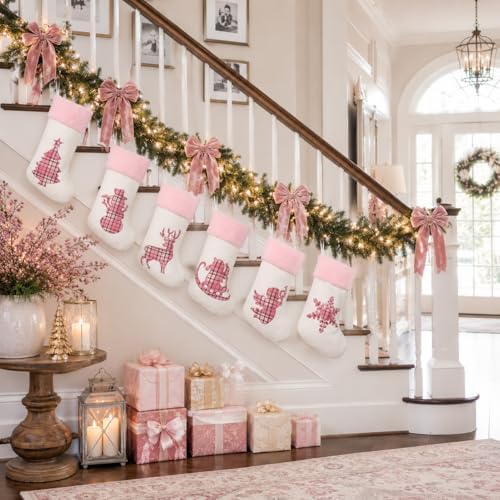 White Pink Buffalo Plaid Embroidered Christmas Stockings Set of 6 | Cute Large Christmas Stocking with Pink Faux Fur for Holiday Gifts, Christmas Stocking Stuffers and Christmas Décor
