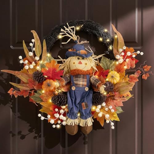valery madelyn 24" collapsible scarecrow doll fall wreath on a desk or shelf