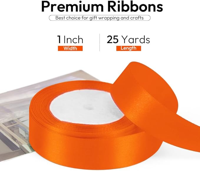 1 Inch Orange Ribbon, 25 Yards Orange Stain Ribbon for Gift Wrapping, Halloween, Christmas and Birthday Party Decoration, Craft, Flower Bouquet, Sewing