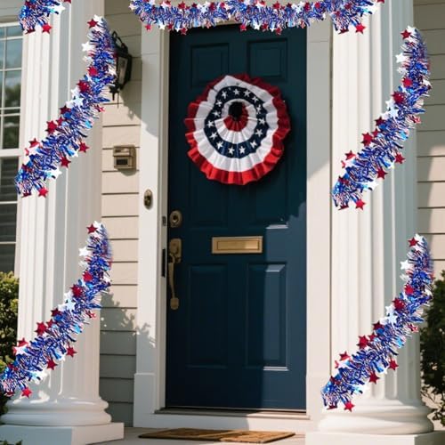 4th of July Red White Blue Star Tinsel Garland - 33 Ft Memorial Day Patriotic Decoration Independence Day Metallic Tree Garland Glitter Tinsel Hanging Twist for Veterans Day Decor