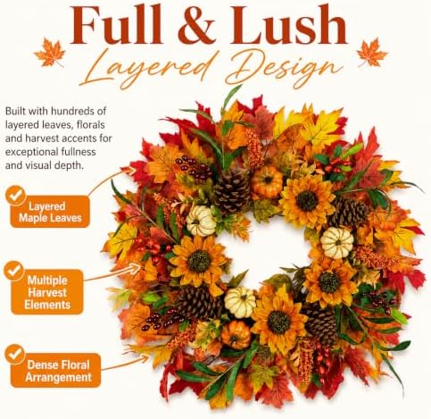 28 inch large fall sunflower wreath for front, side view