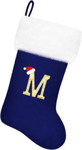 20 Inches Blue Velvet with White Super Soft Plush Cuff Monogram Christmas Stockings, Xmas Personalized Embroidered Letter Stockings for Family Holiday Decorations and Xmas Tree Fireplace（M）