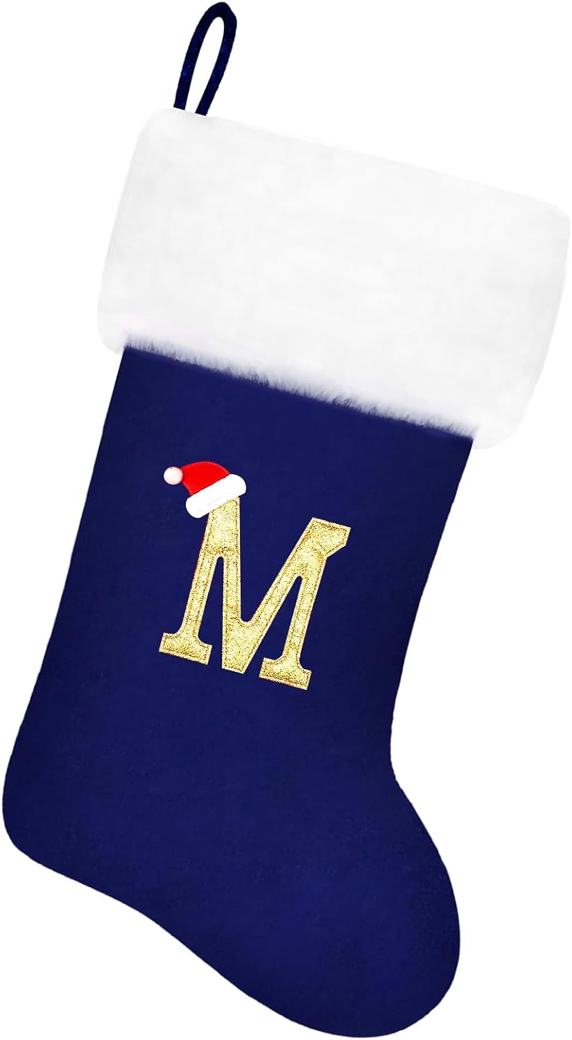 20 Inches Blue Velvet with White Super Soft Plush Cuff Monogram Christmas Stockings, Xmas Personalized Embroidered Letter Stockings for Family Holiday Decorations and Xmas Tree Fireplace（M）