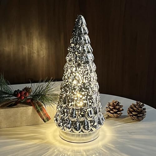 silver tabletop christmas tree 3pcs, small mercury glass, front angle view