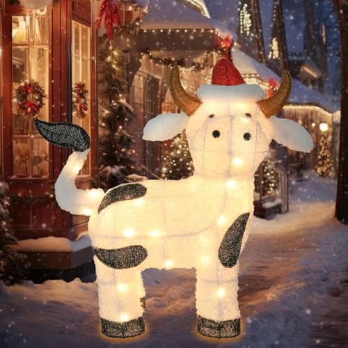 bshine lighted christmas cow decor, pre lit led on a desk or shelf
