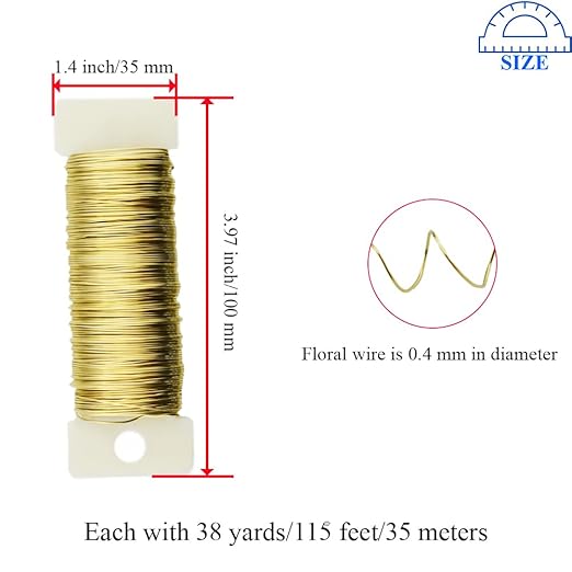HAHIYO 26Gauge Golden Metal Floral Wire - 3 Rolls, 115 Yards (345 Feet) - Flexible Paddle Wire for Craft, Christmas Wreath, Flower Arrangement, Bouquet Wrapping, Wedding, DIY