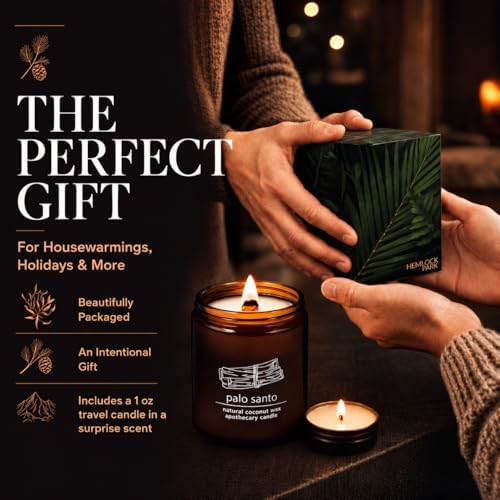 Hemlock Park Palo Santo Apothecary Scented Candle | Crackling Wood Wick, Botanical Fragrance & Coconut Apricot Wax | Up to 60 Hour Burn Time | 8 oz | Made in USA