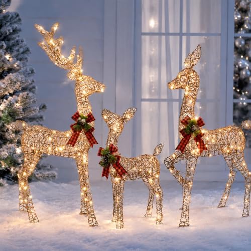 3d brown rattan christmas deer set, 210 leds on a desk or shelf