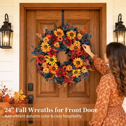 blosmon 24in fall wreaths for front door, sunflower showing dimensions