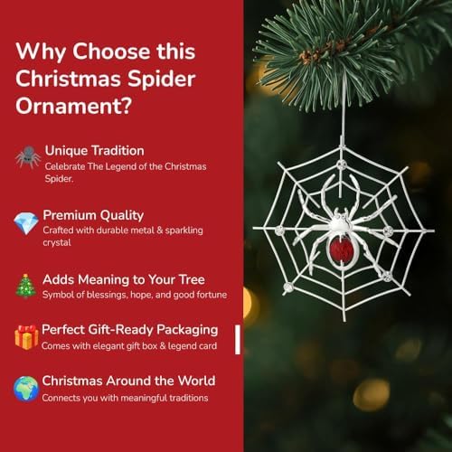 Matashi Silver Plated Christmas Tree Spider Ornament w Red, Clear Crystals Lucky Hanging Decoration, Holiday Ornament Gift, Unique Spider Decor for Christmas & Halloween Party w Tinsel Legend Story