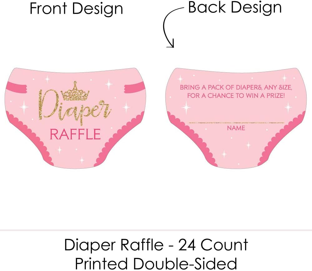 Big Dot of Happiness Little Princess Crown - Diaper Shaped Raffle Ticket Inserts - Pink and Gold Princess Baby Shower Activities - Diaper Raffle Game - Set of 24