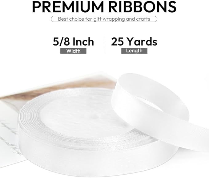 5/8 Inch 25 Yards Satin Ribbon White, Solid Color Fabric Ribbon for Gift Wrapping, Wedding, Polyester Gift Ribbon for Birthday Party Decoration, Craft, Hair, Floral, Sewing