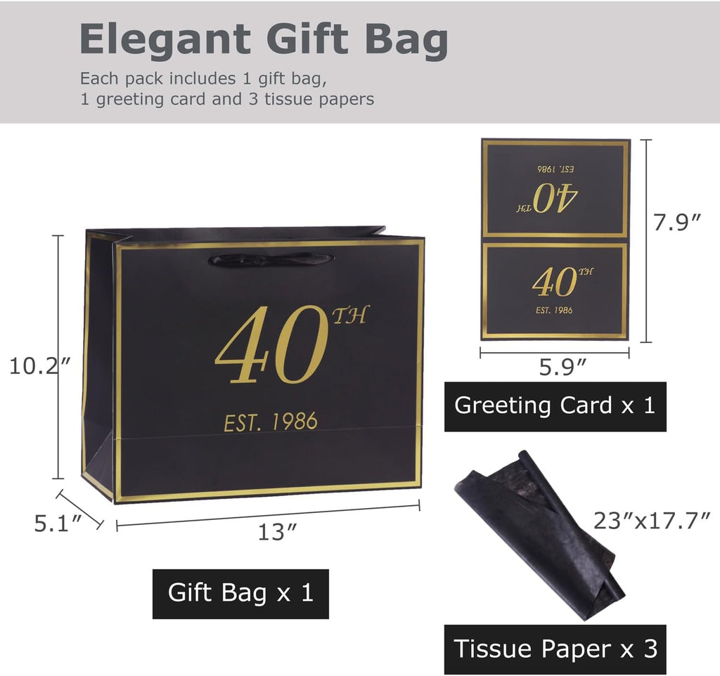 40th Birthday Gift Bag with Card and Tissue Paper for Men Women Him, 1986 40 Year Old 13" Elegant Black Gold Anniversary Keepsake Party Present Shopping Paper Bags for Gifts Wrapping (1986 40th)