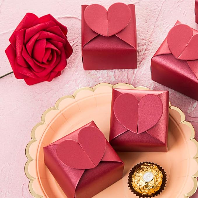 AWELL Burgundy Favor Box Bulk 2.5x2x2.5 inches with Heart Bow Party Favor Box,Burgundy,Pack of 50