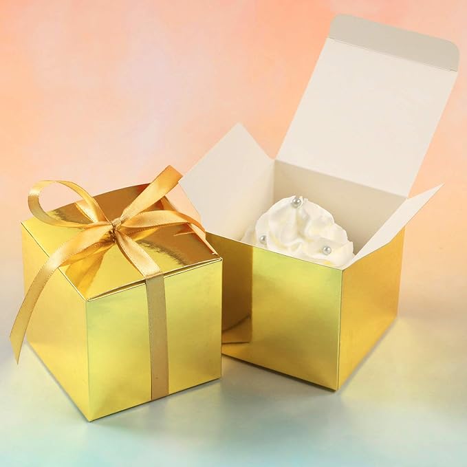 COTOPHER 100pcs Small Gift Boxes, Favor Boxes 2x2x2 inches Paper Gift Boxes with Ribbons Candy Box for Wedding Favors Baby Shower Bridal Shower Birthday Party (100pcs 2x2x2, Gold)