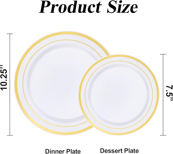100PCS White Plastic Plates Set with Gold Rim, 50 10.25 inch Heavy Duty Dinner Plate and 50 7.5 inch Dessert Appetizer Plates, Premium Disposable Plates for Party, Wedding, Birthday