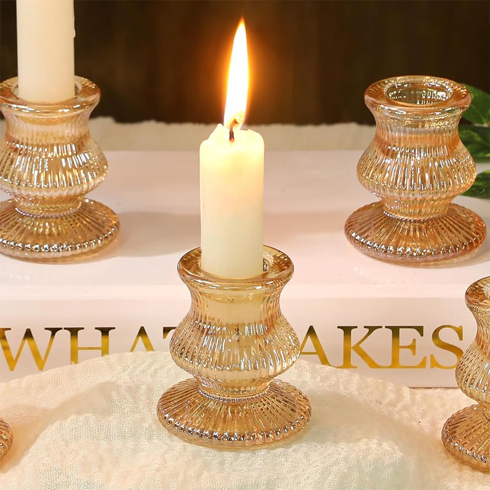Glass Candlestick Holders Set of 6, Taper Candle Holder for Wedding Festival Christmas Party Valentine's Decor, Table Centerpieces (Amber)