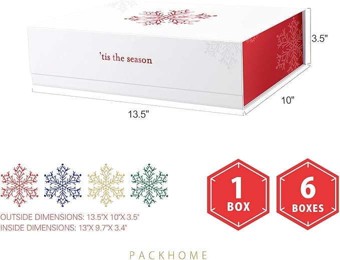 PACKHOME 6 Christmas Gift Boxes 13x9.7x3.4 Inches, Large Gift Boxes with Lids, Sturdy Shirt Boxes with Magnetic Lids for Wrapping Gifts (Red Snowflake Pattern)