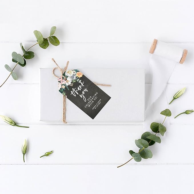 Andaz Press 100-Pack Personalized Thank You Tags with Bakers Twine Chalkboard Florals Custom Cardstock Gift Tags for Wedding Party Favors 2 x 3.75-Inches