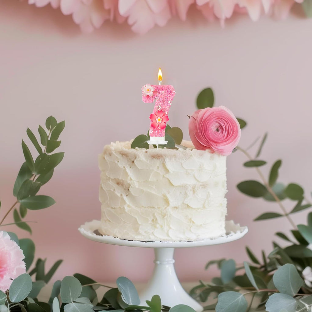 Pink Flower Birthday Candle,Number Birthday Candles for Cake, Ideal Birthday Parties Cake Decor, Wedding Anniversary and Other Celebrations (Number 7, Pink)