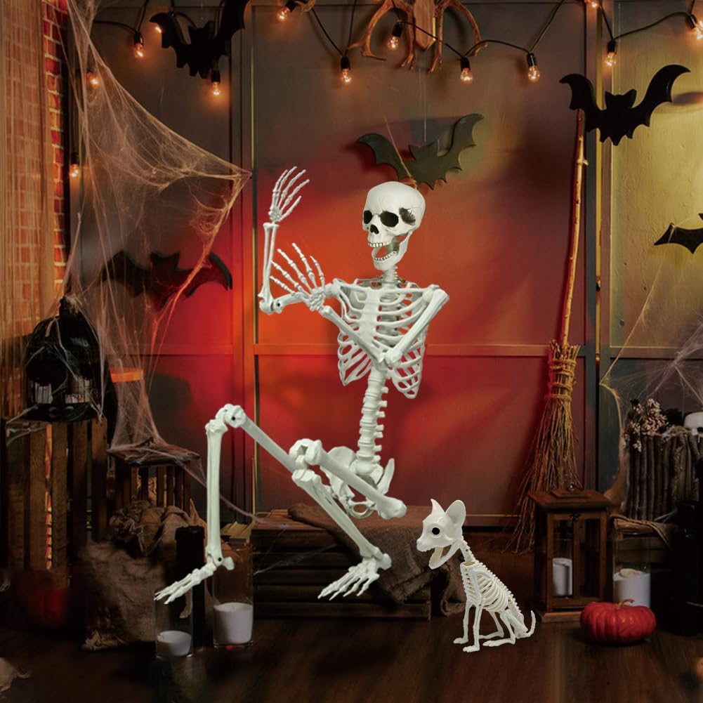 5.9Ft Halloween Life Size Skeleton with Cat for Halloween Party Decor