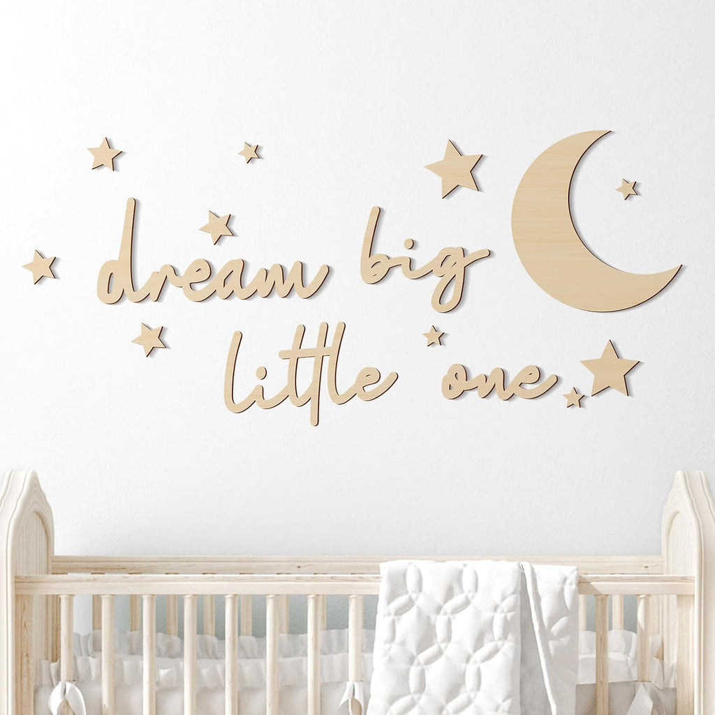 Briwooody 15 Pcs Moon and Stars Nursery Decor Dream Big Little One Wall Decor Boho Neutral Babyroom Wall Art Nursery Sign for Boys Girls Bedroom Home Farmhouse Living Playroom(Wood Color)