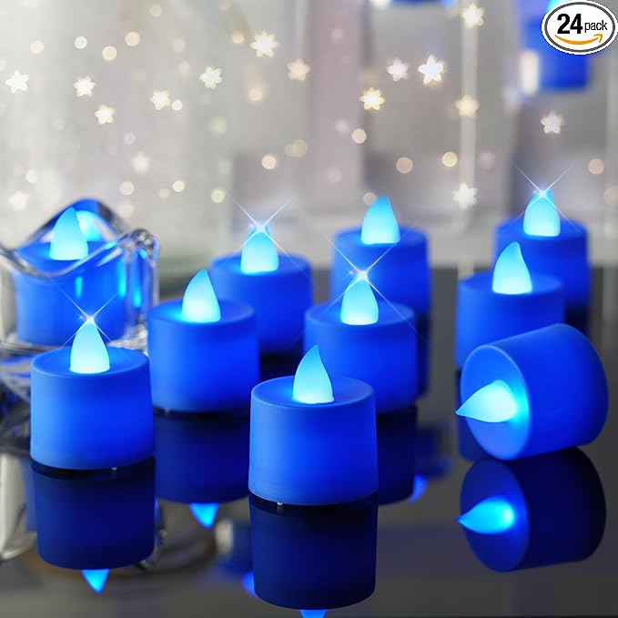 Amagic 24 Pack Blue LED Tea Lights, Flameless Votive Candles, Electric Fake Colored Candles, Battery Operated Tealights Candles for Halloween, Christmas, Home Decor, Wedding Table Centerpiece, Party