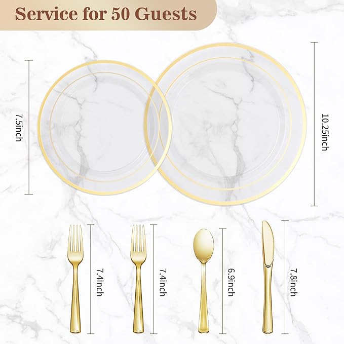 300PCS Clear Gold Plastic Plate Set (50 Guests), Disposable Dinnerware Set for Party, Wedding, Birthday - 100 Plates, 100 Forks, 50 Spoons, 50 Knives for Christmas, Thanksgiving